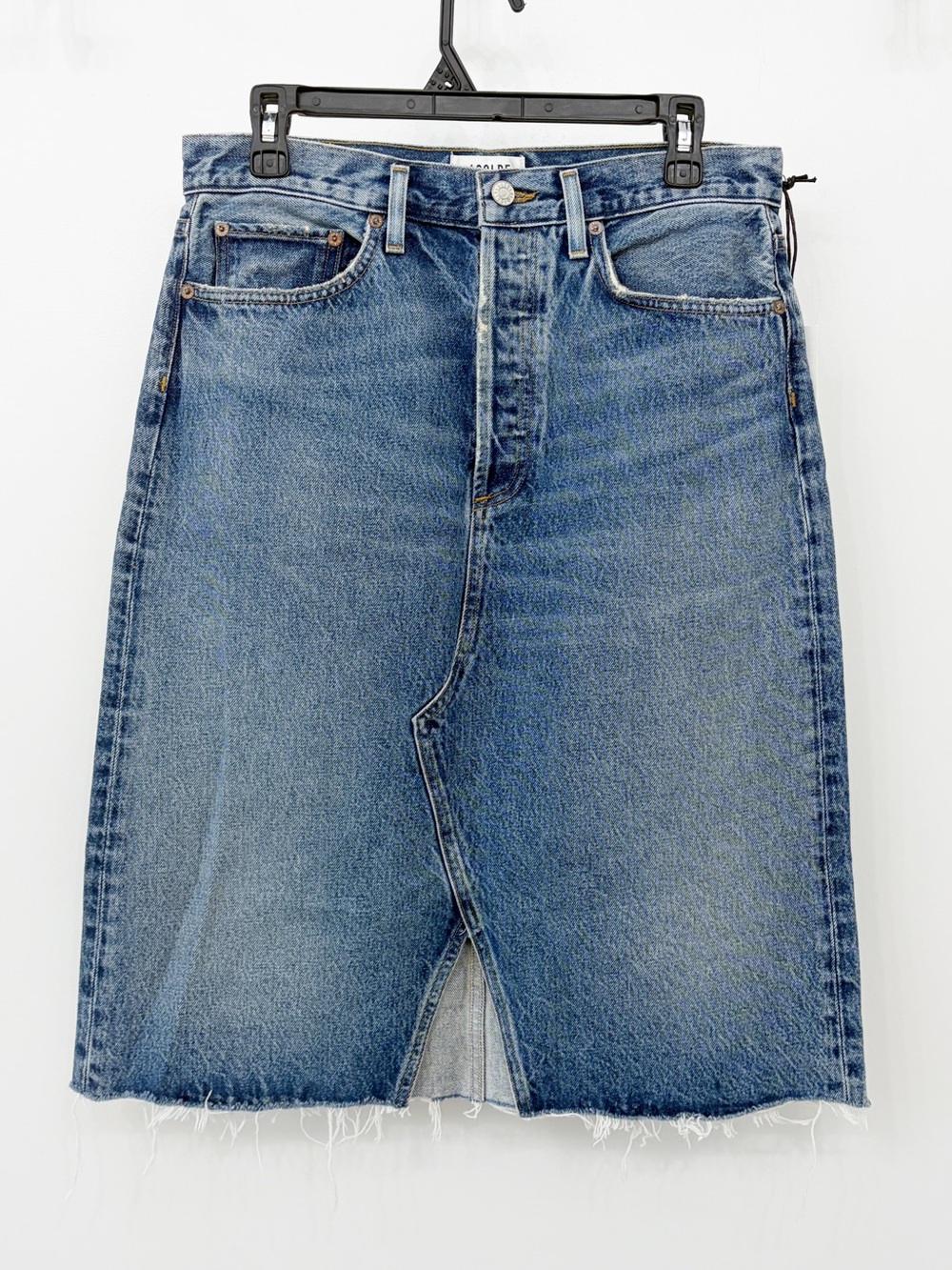 AGOLDE Low Slung Fallon Denim Midi Jean Skirt NWT Raw Hem Front Slit Size 27
